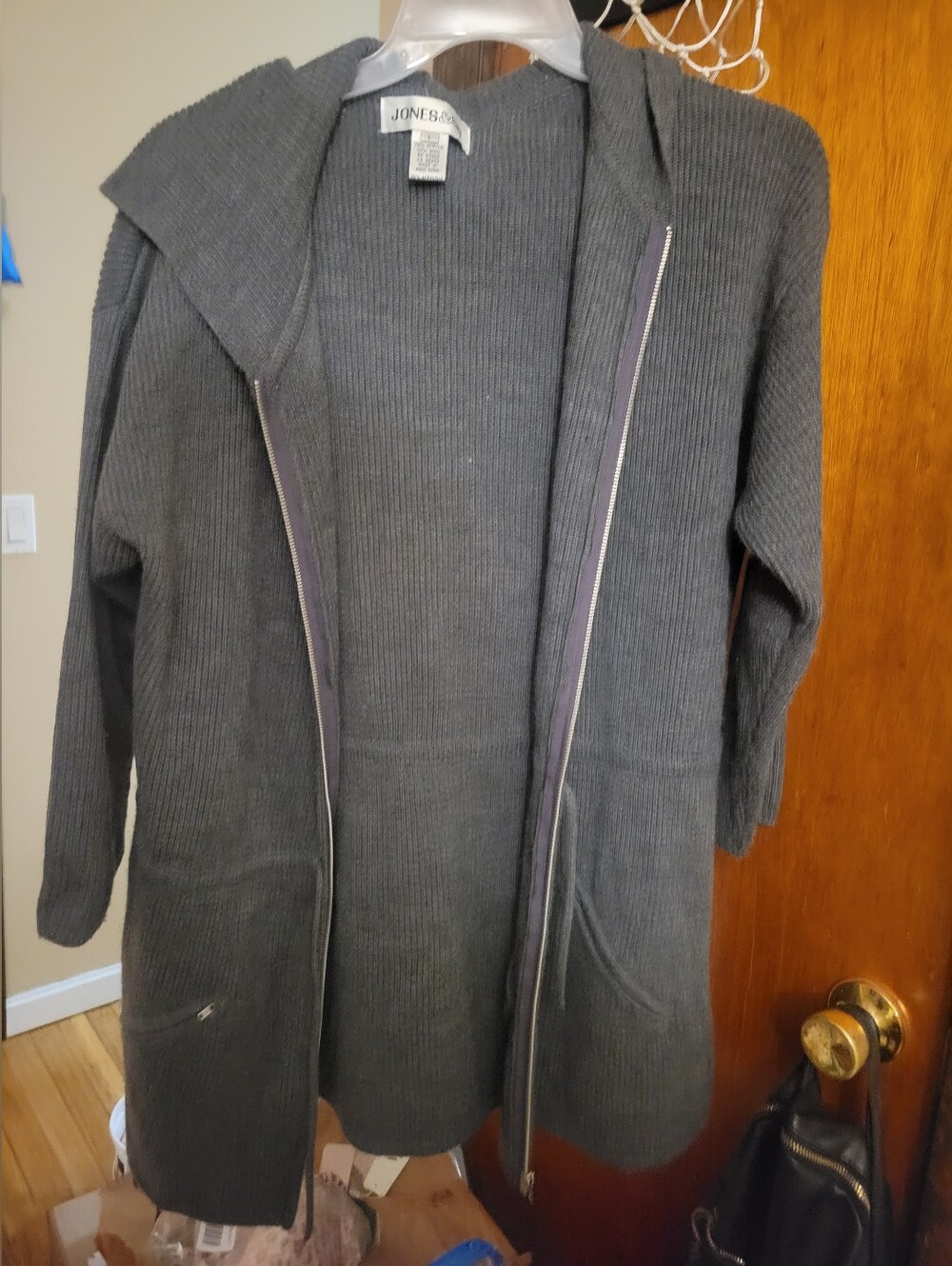 Jones New York Gray Ribbed Hooded Zip-Front Cardigan